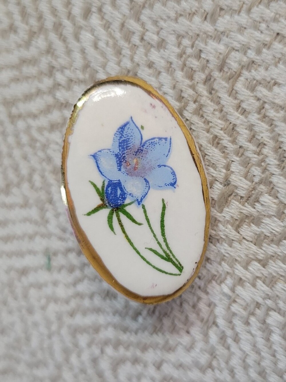 Hand-Painted Blue Forget-me-not Floral Porcelain Oval Pin with Gold Trim